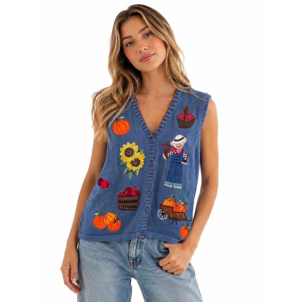Vintage Basic Editions Sweater Vest Beaded Fall Scarecrow Pumpkin Size Medium